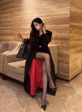 秋季新款法式气质黑色长款风衣大码胖mm御姐风双排扣翻领修身外套