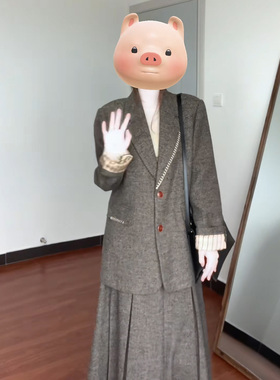 秋冬老钱风西装外套半身裙穿搭套装女大码胖mm法式灰色通勤两件套