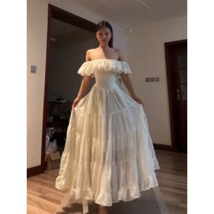 大码胖MM白色荷叶边露背一字肩连衣裙女夏季新款绝美气质收腰长裙