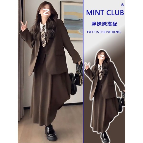 大码胖MM韩系学院风西装外套女春季新款高级感显瘦衬衫长裙两件套,女装/女士精品,时尚套装,淘宝优惠券,粉丝福利购,淘宝优惠卷