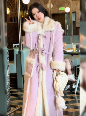 大码胖mm温柔风皮毛一体中长款百搭毛呢外套女装冬季加厚保暖大衣