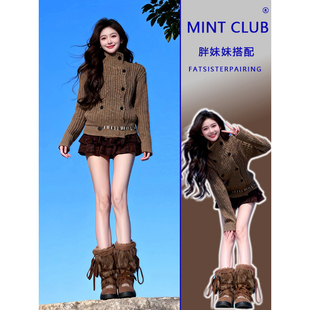 豹纹半身短裙两件套 辣妹风双排扣针织上衣女胖mm法式 大码 秋冬新款