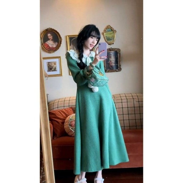 大码胖MM法式气质蕾丝娃娃领绿色连衣裙女温柔风收腰减龄针织长裙,女装/女士精品,连衣裙,淘宝优惠券,粉丝福利购,淘宝优惠卷