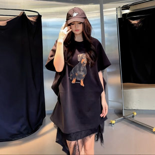 大码女装胖mm美式复古风设计感短袖t恤夏季显瘦上衣加半身裙套装