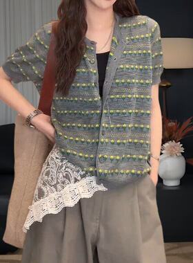大码胖妹妹韩式小众条纹短袖针织开衫女夏季新款宽松显瘦百搭上衣
