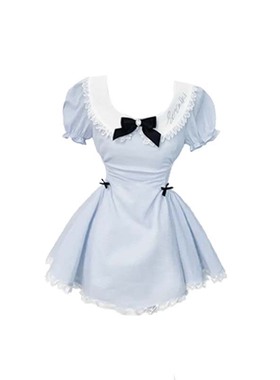 大码胖mm纯欲风娃娃领短袖连衣裙女夏季收腰蝴蝶结蓬蓬公主短裙子