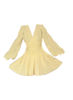 大码胖mm法式黄色v领长袖连衣裙女夏季气质褶皱收腰显瘦A字短裙子