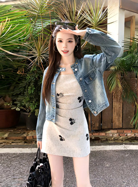 大码胖MM法式高级感复古蓝色短款牛仔外套收腰吊带连衣裙时尚套装