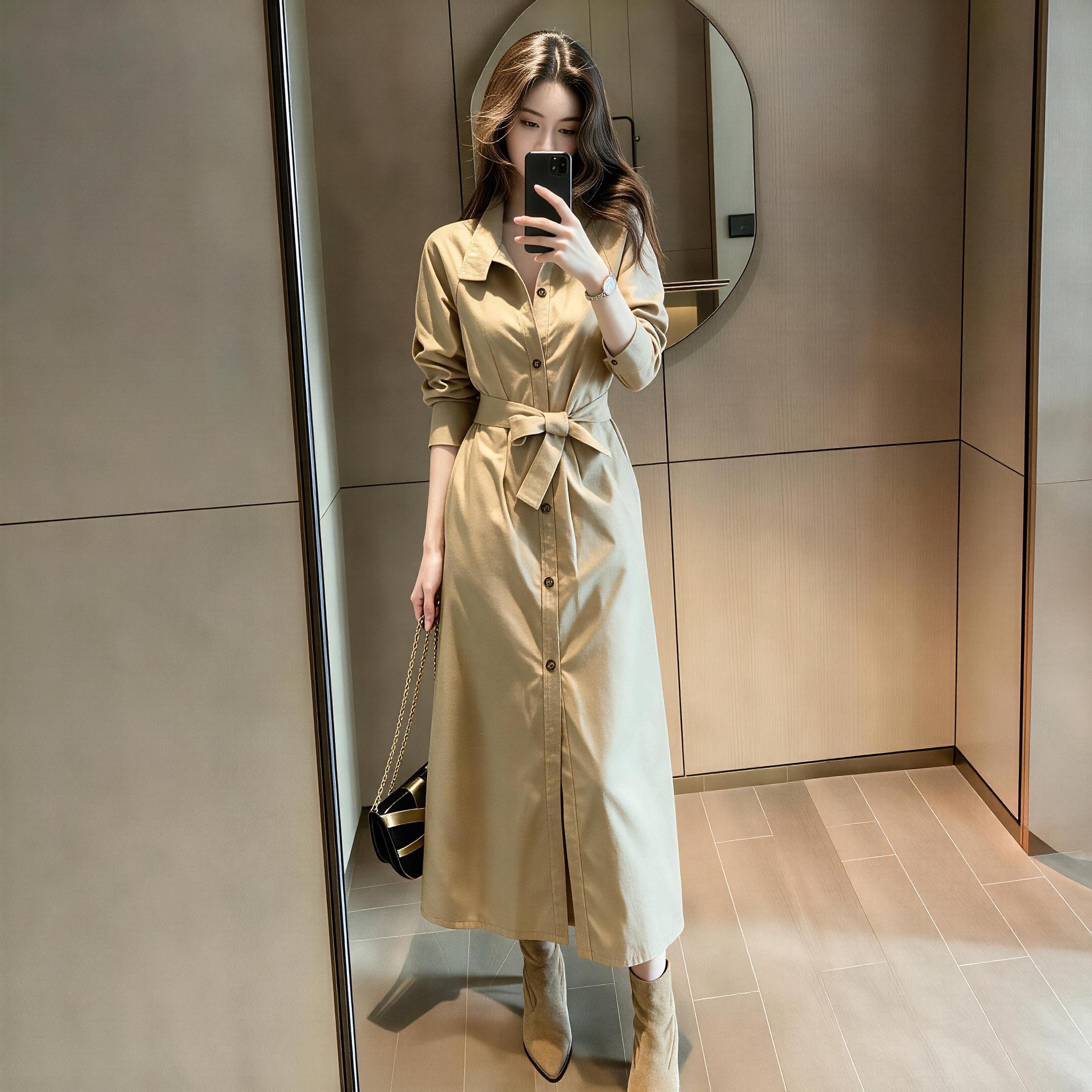 大码胖MM高级感卡其色长袖立领风衣女秋季新款轻熟修身显瘦外套潮