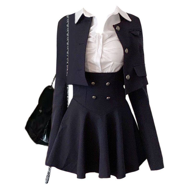 甜辣风短款西装外套JK短裙三件套