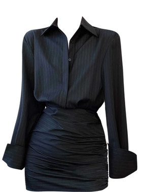 纯欲辣妹性感条纹包臀短裙秋季新款胖MM气质POLO领百搭衬衫连衣裙