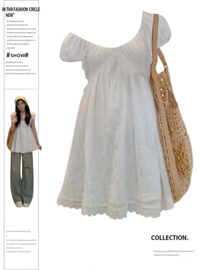 大码胖妹妹法式甜美风U领白色连衣裙女夏新款气质收腰初恋小白裙