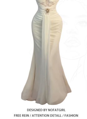 大码胖MM纯欲名媛风镂空一字肩无袖连衣裙女夏季收腰显瘦鱼尾长裙