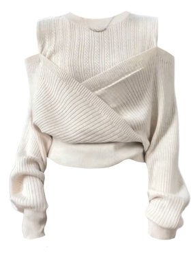 大码胖妹妹法式纯欲风露肩长袖毛衣女春秋设计感小众拼接针织上衣