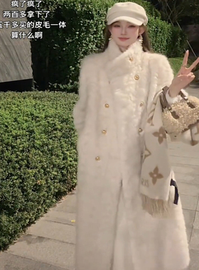大码胖mm温柔风白色皮毛一体中长款大衣女秋冬双排扣保暖毛呢外套