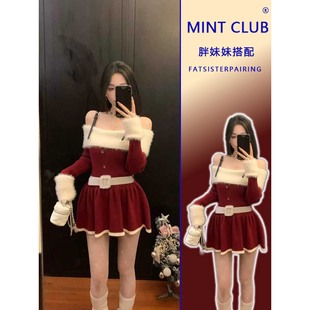 大码胖MM春秋甜美气质短裙圣诞氛围感红色一字肩长袖针织连衣裙女