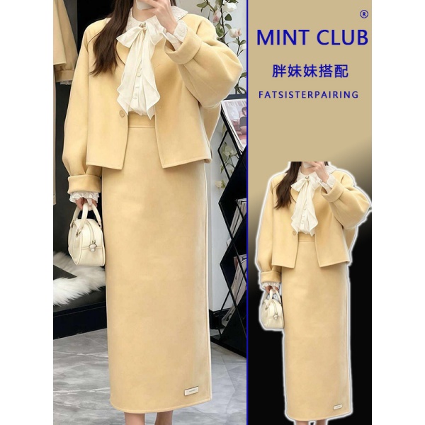 系带内搭衬衫毛呢外套裙子套装女