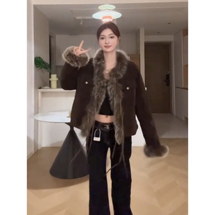 大码胖mm复古皮毛一体短外套女装春季毛领夹克高级感炸街毛绒外套