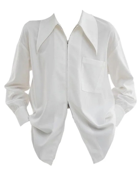 大码胖mm女装高级感双拉链白色衬衫女夏季长袖衬衣小众百搭上衣潮