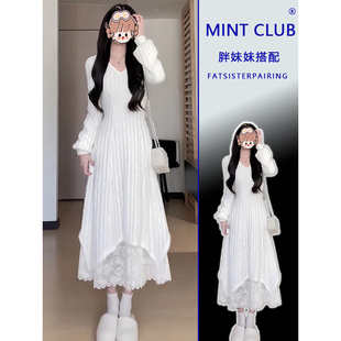 大码优雅风设计感半高领假两件连衣裙女胖MM冬季新款百搭减龄长裙