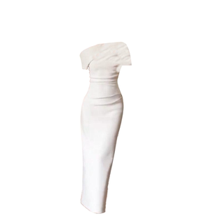 大码胖mm温柔风荡领露肩连衣裙女气质不规则修身梨型身材包臀长裙