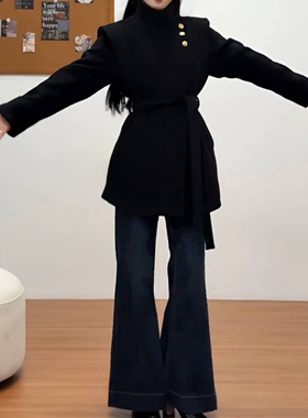 法式赫本风中长款黑色立领毛呢外套女大码胖MM秋冬时尚保暖大衣潮