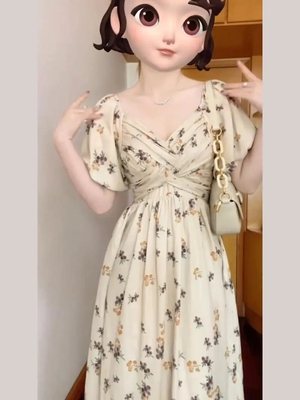 V领气质收腰显瘦碎花长裙潮