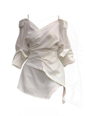 大码胖妹妹法式高级感露肩衬衫连衣裙女装夏季收腰褶皱不规则短裙