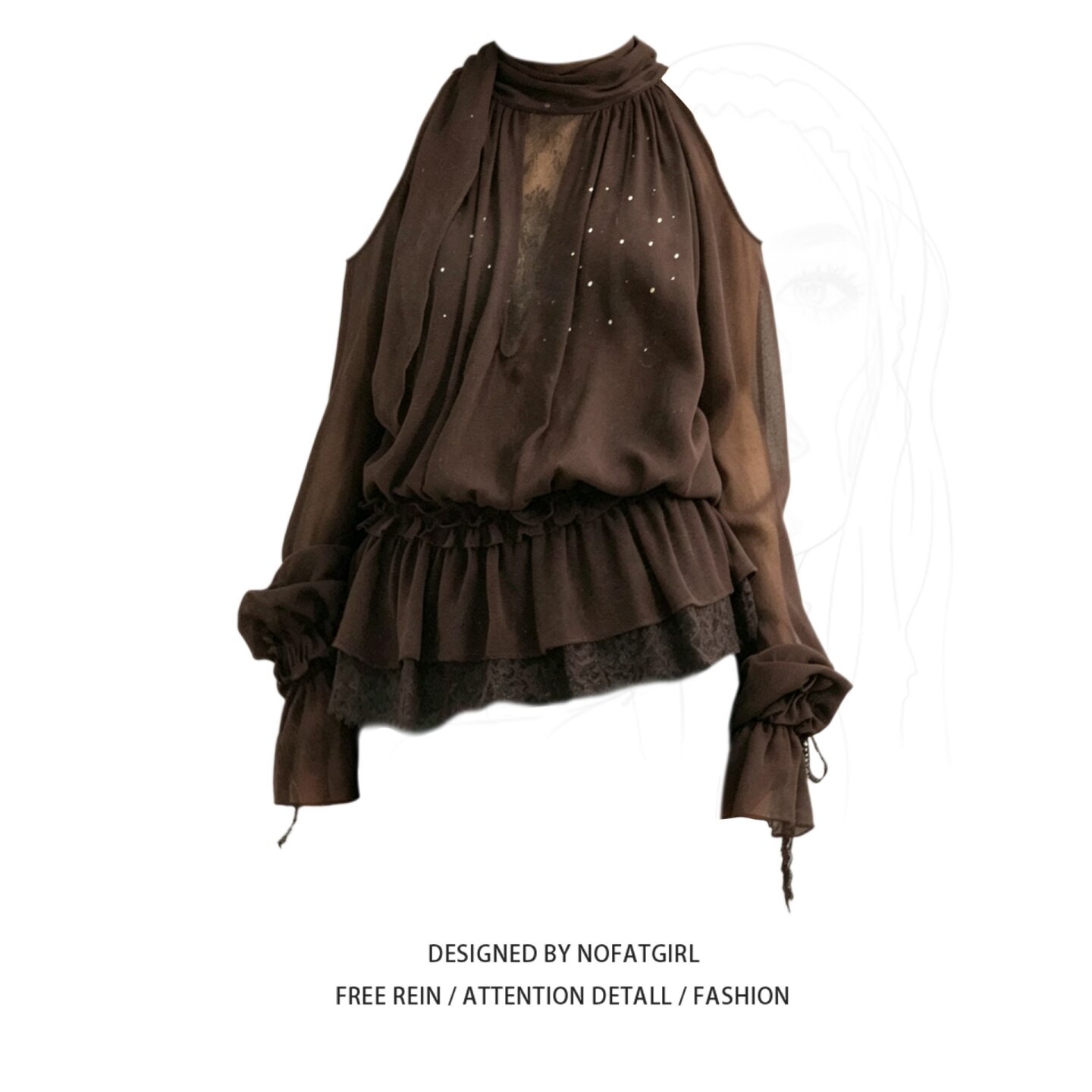 大码胖MM法式气质网纱飘带长袖衬衫夏季新款纯欲性感镂空显瘦上衣