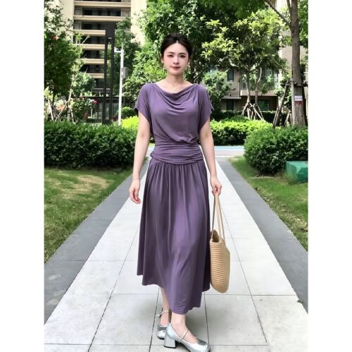 大码胖mm韩系小香风紫色荡领收腰上衣加高腰半身裙时尚绝美两件套