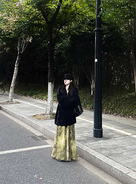 大码胖MM中式慵懒风穿搭一整套女秋冬季宽松黑色毛衣外套半裙套装