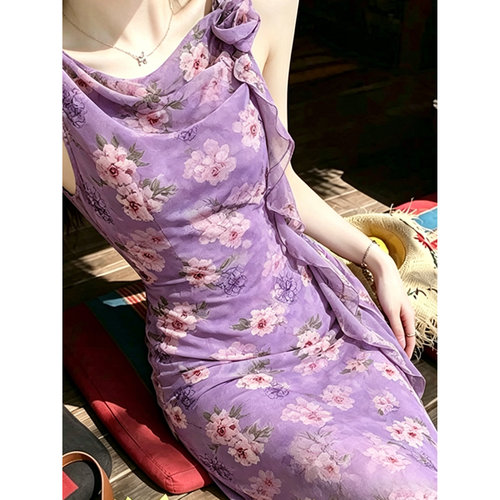 大码胖mm韩式度假风紫色碎花连衣裙夏季新款绝美独特漂亮修身长裙