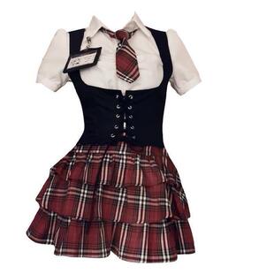 胖妹妹美式 蓬蓬蛋糕裙两件套装 学院风显瘦衬衫 新款 马甲女夏季 大码