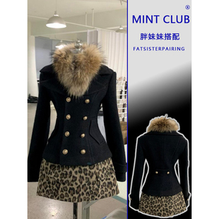 大码 加厚保暖双排扣毛呢外套女胖mm高腰豹纹半身裙两件套 秋冬新款