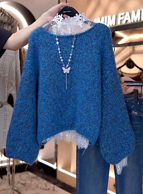 大码胖mm小香风穿搭氛围感针织衫毛衣秋冬新款蕾丝慵懒风上衣套装