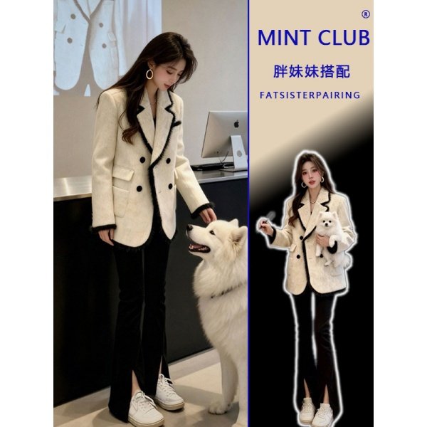 大码胖mm纯欲高级感撞色毛呢外套女春季复古宽松减龄百搭呢子大衣,女装/女士精品,毛呢外套,淘宝优惠券,粉丝福利购,淘宝优惠卷