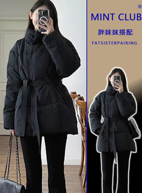 大码美式立领系带加厚保暖棉衣棉服女胖MM收腰显瘦百搭面包服外套