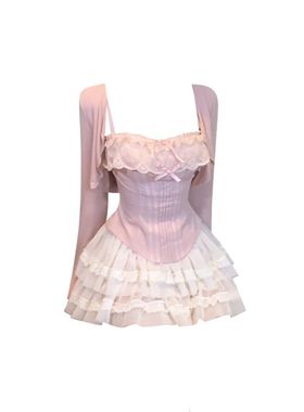 大码胖mm设计感蕾丝拼接吊带上衣女2025春季开衫a字半身裙三件套