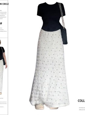 大码胖mm韩系穿搭套装夏修身短袖T恤女+蝴蝶结印花半身长裙两件套