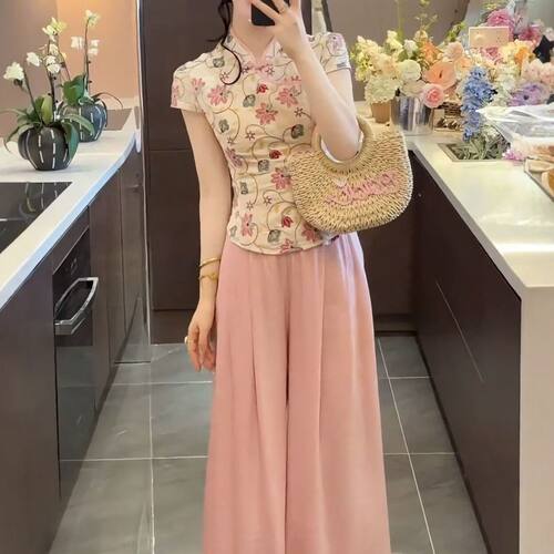大码女装胖MM新中式高端轻奢高级感改良旗袍上衣加裤子夏季两件套