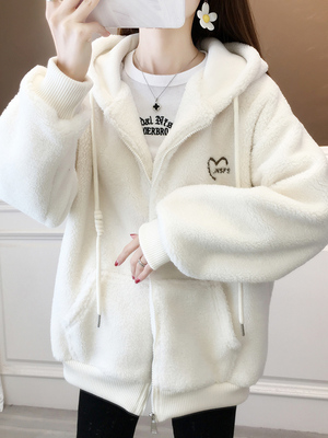 爱心字母刺绣羊羔毛卫衣外套2025秋冬新款连帽开衫上衣女加绒加厚