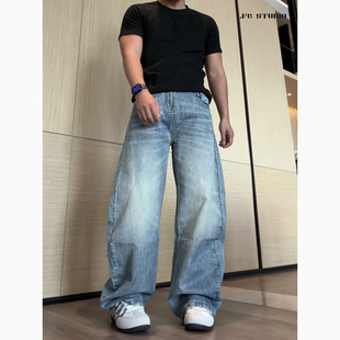 男女baggy百搭阔腿长裤 复古水洗猫须纹路弯刀牛仔裤 美式 LFG