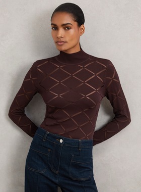 Re 小高领 菱格子网 镂空进口针织长袖上衣 单穿 内搭都可以