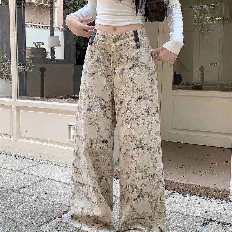 小众扎染阔腿牛仔裤女款直筒显瘦小个子裤子宽松低腰垂感拖地长裤