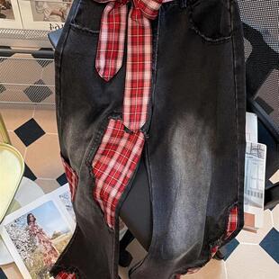 小众破洞格子补丁宽松直筒牛仔裤女款2026新款直筒阔腿小个子裤子