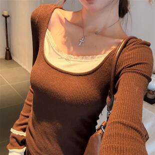 打底衫 实拍 女2026春季 针织衫 内搭 棕色假两件蕾丝花边蝴蝶结长袖