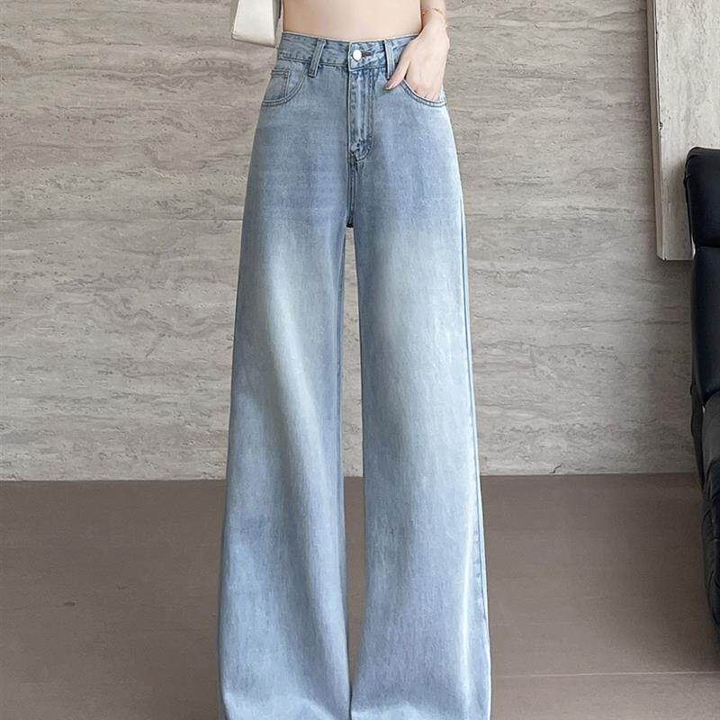 薄款无弹力2026年夏季高腰直筒牛仔裤女宽松休闲浅蓝色阔腿长裤子