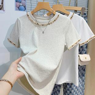 2026设计感重工串珠短袖T恤女夏季别致独特洋气漂亮小衫正肩上衣