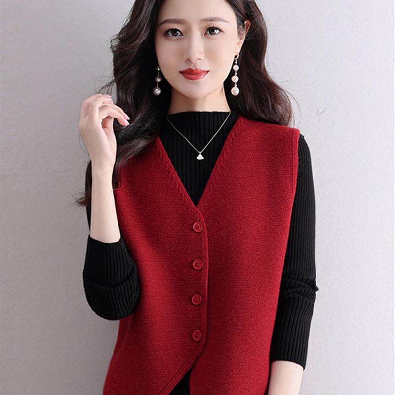 针织毛线红色马甲女外穿2026春秋新款配裙子叠穿坎肩短款毛衣背心