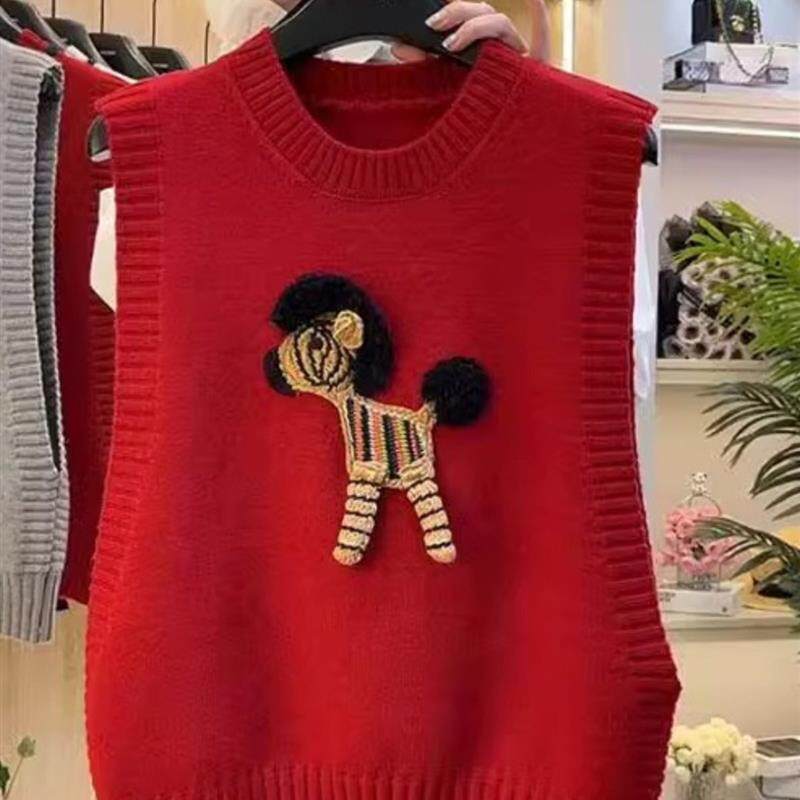 大红色卡通小马针织马甲背心女2026年新爆款百搭毛衣叠穿坎肩马夹